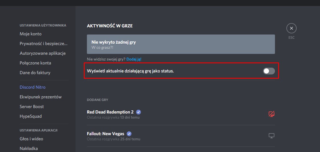 Odznacz opcję wyświetlania aktualnej gry w statusie Discord