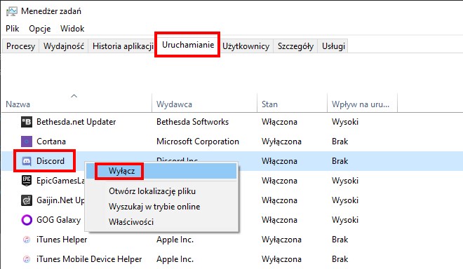 Wyłącz uruchamianie Discorda w Menedżerze zadań