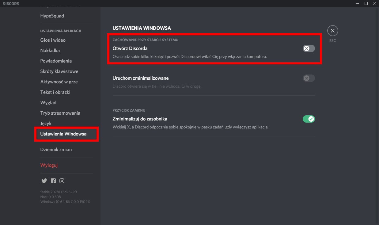 Wyłącz uruchamianie Discorda w ustawieniach