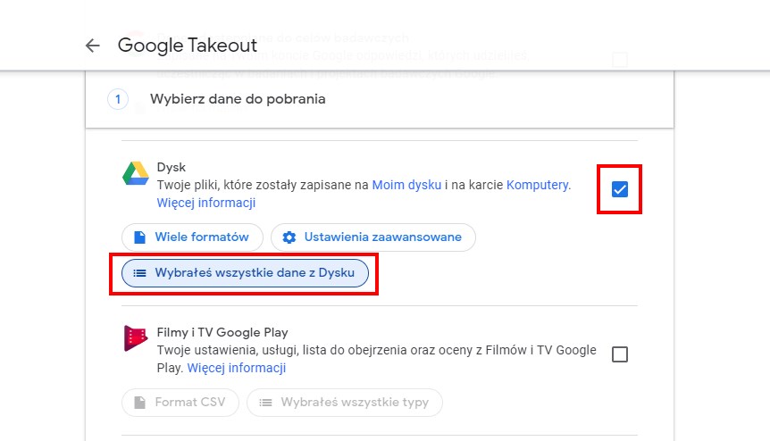 Zaznacz tylko Dysk na liście w Google Takeout