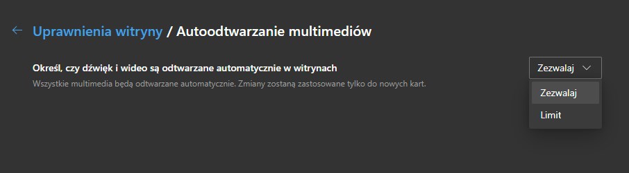 Ograniczone opcje blokady autoodtwarzania w Edge