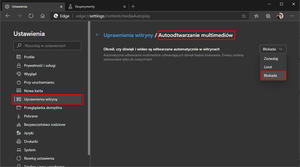 Włącz pełną blokadę autoplay w Edge