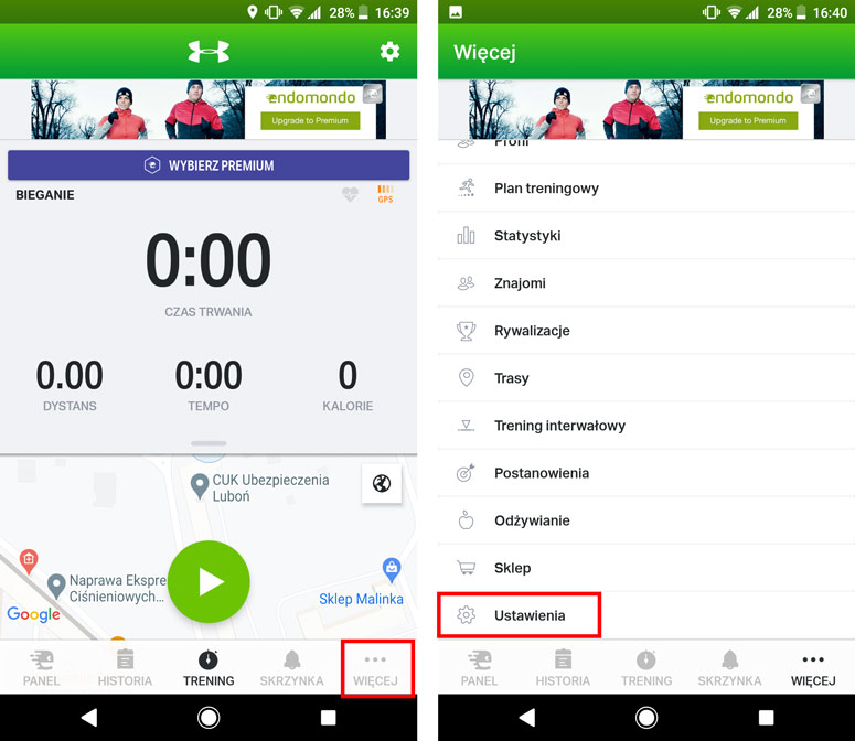 Wejdź do menu w Endomondo