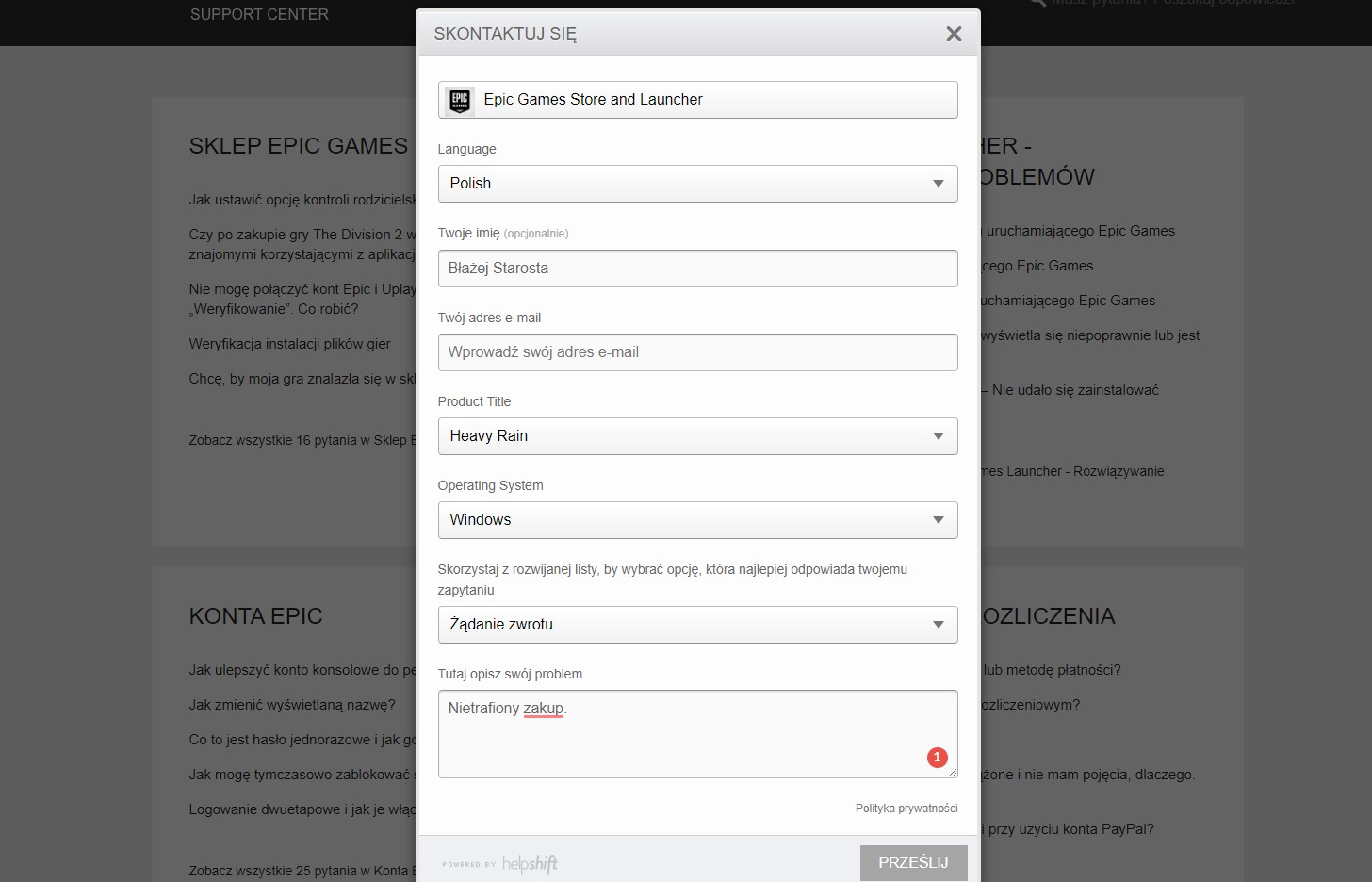 Wypełnij formularz zwrotu w Epic Games Store