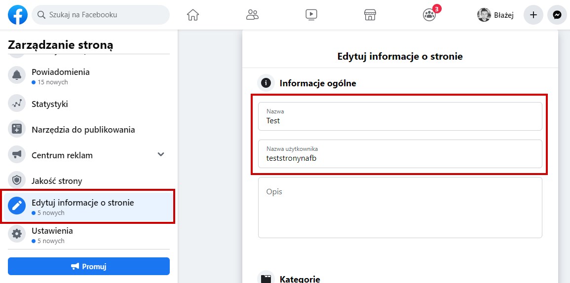 Wejdź do edycji informacji o stronie na Facebooku