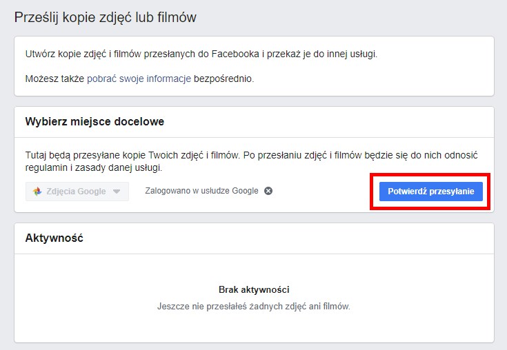 Potwierdź przesyłanie zdjęć z Facebooka do Google