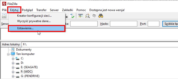 Wejdź do ustawień FileZilla