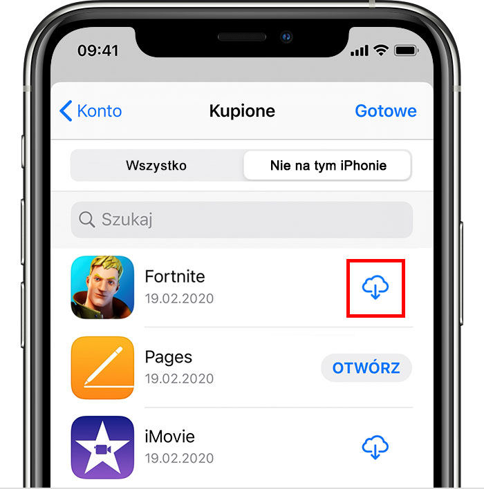 Wyszukaj Fortnite w kupionych aplikacjach