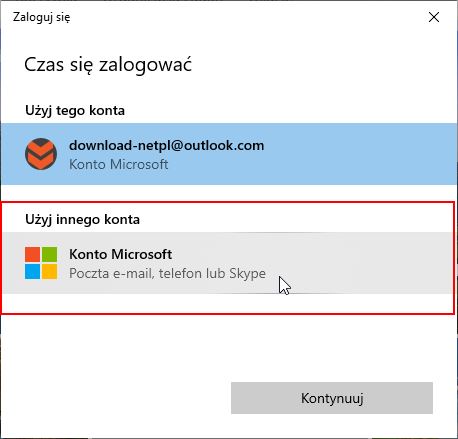 Wybierz opcję logowania na inne konto Microsoft