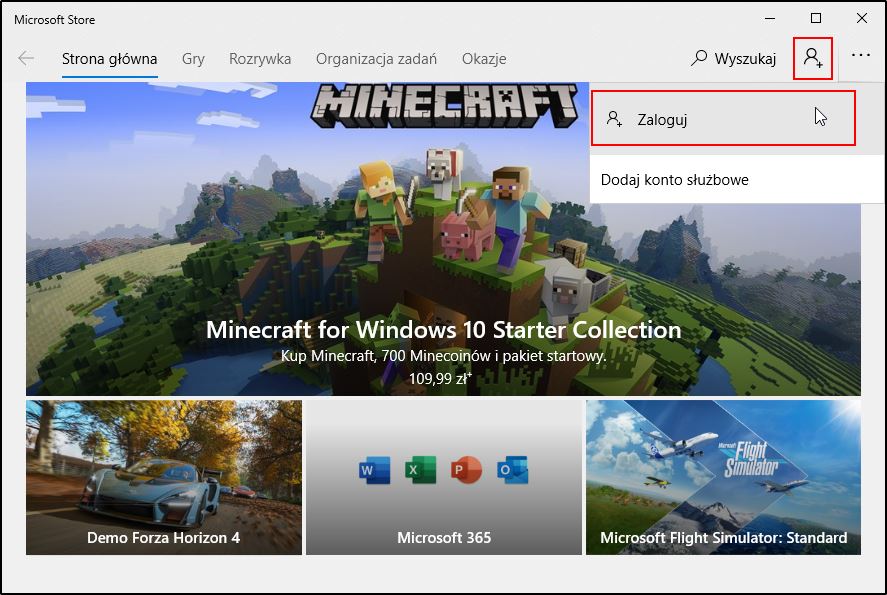 Zaloguj się na swoje konto w sklepie Microsoft Store