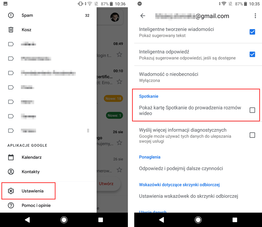 Odznacz kartę Spotkanie w ustawieniach Gmail