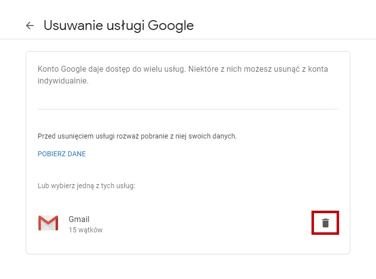 Wybierz opcję usunięcia Gmaila