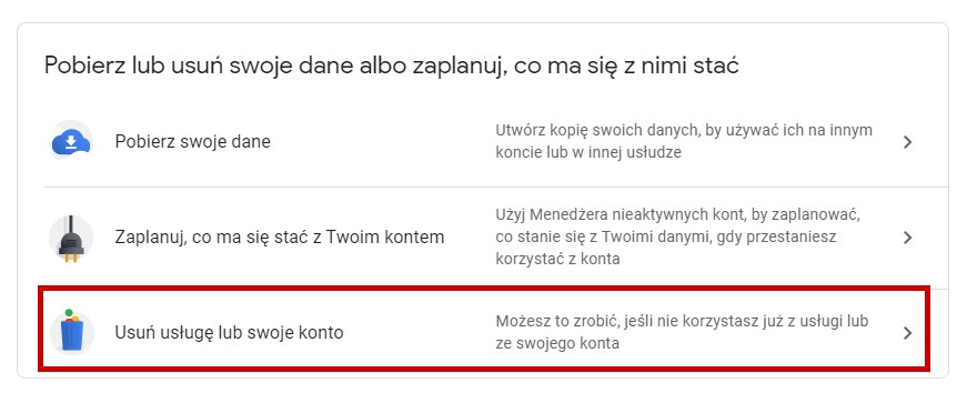 Wybierz opcję usuwania usługi lub konta