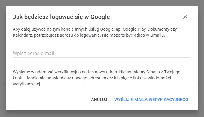 Wpisz nowy e-mail, którym będziesz logować się w Google