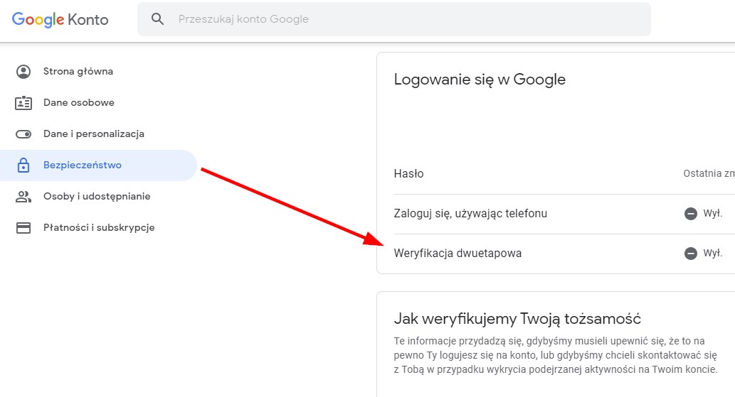 Wejdź do opcji bezpieczeństwa konta Google