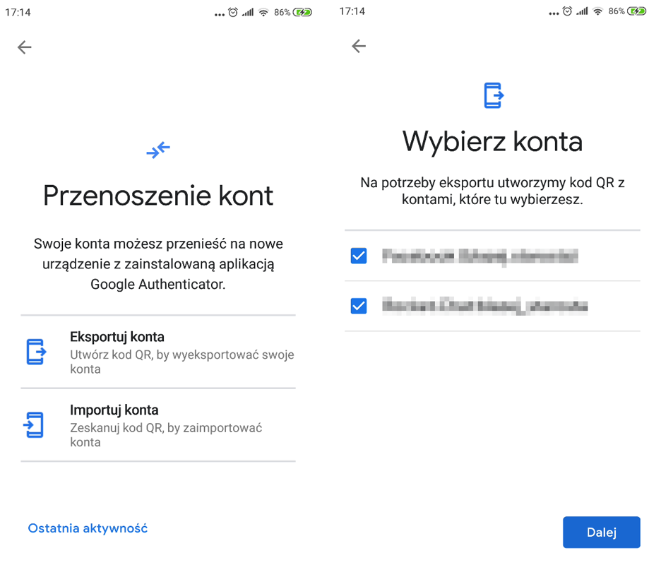 Wybierz konta do eksportu w Google Authenticator