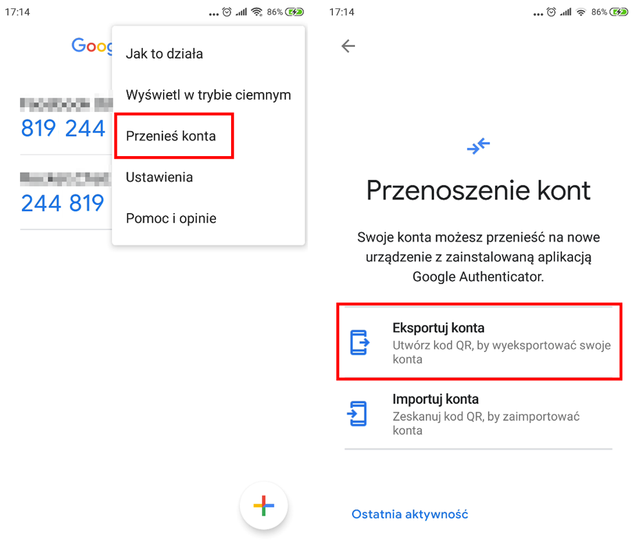 Przenieś konta w Google Authenticator