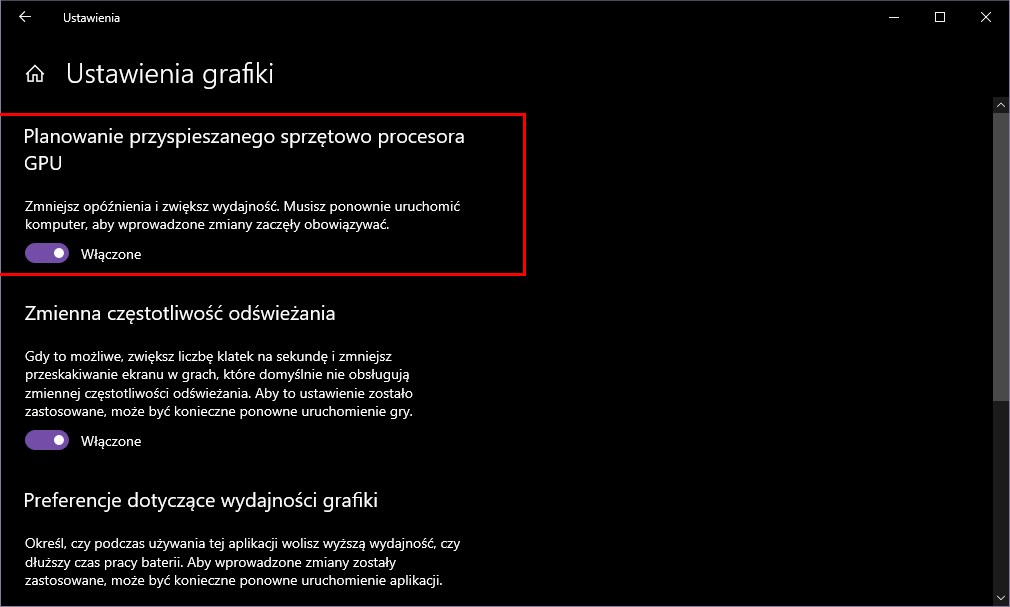 Włącz opcję planowania przyspieszonego sprzętowo procesora GPU