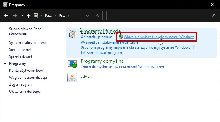 Wejdź do zarządzania funkcjami Windows 10