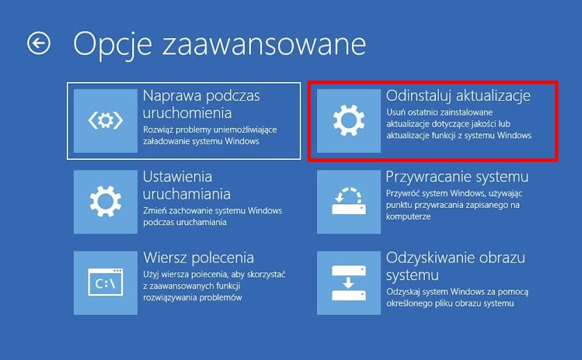 Wybierz opcję odinstalowania aktualizacji