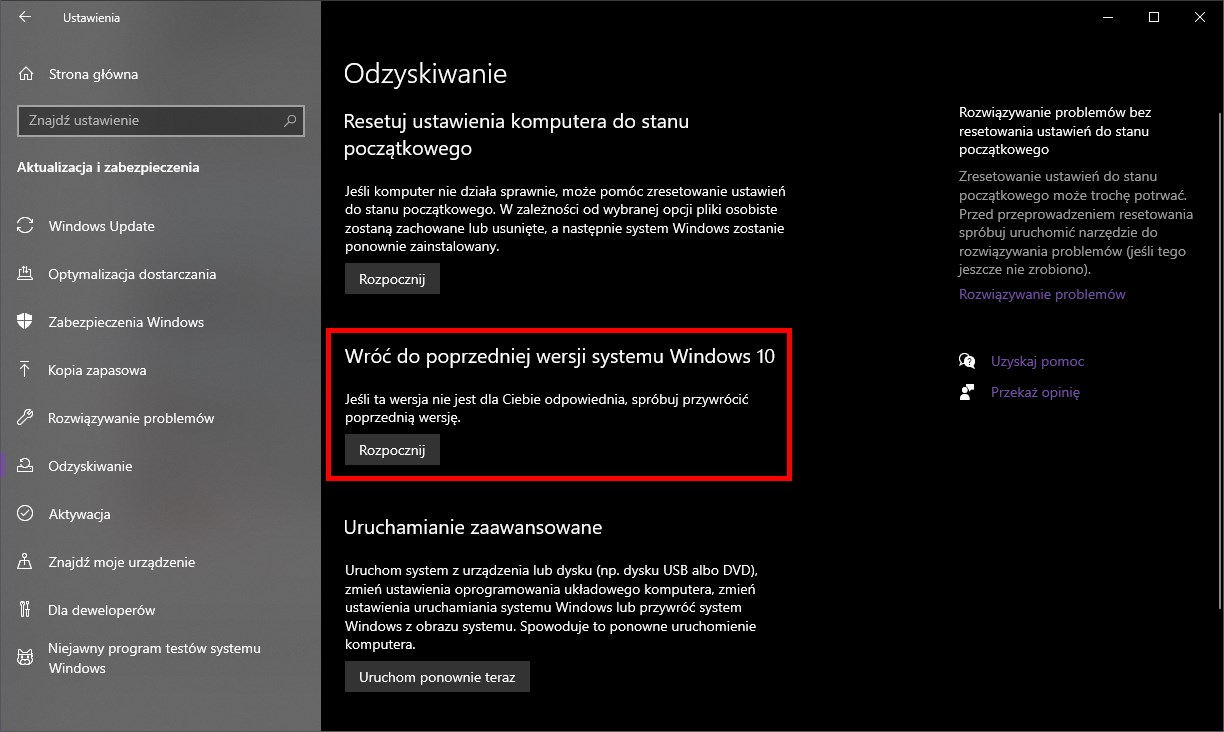 Rozpocznij powrót do starszej wersji Windows 10