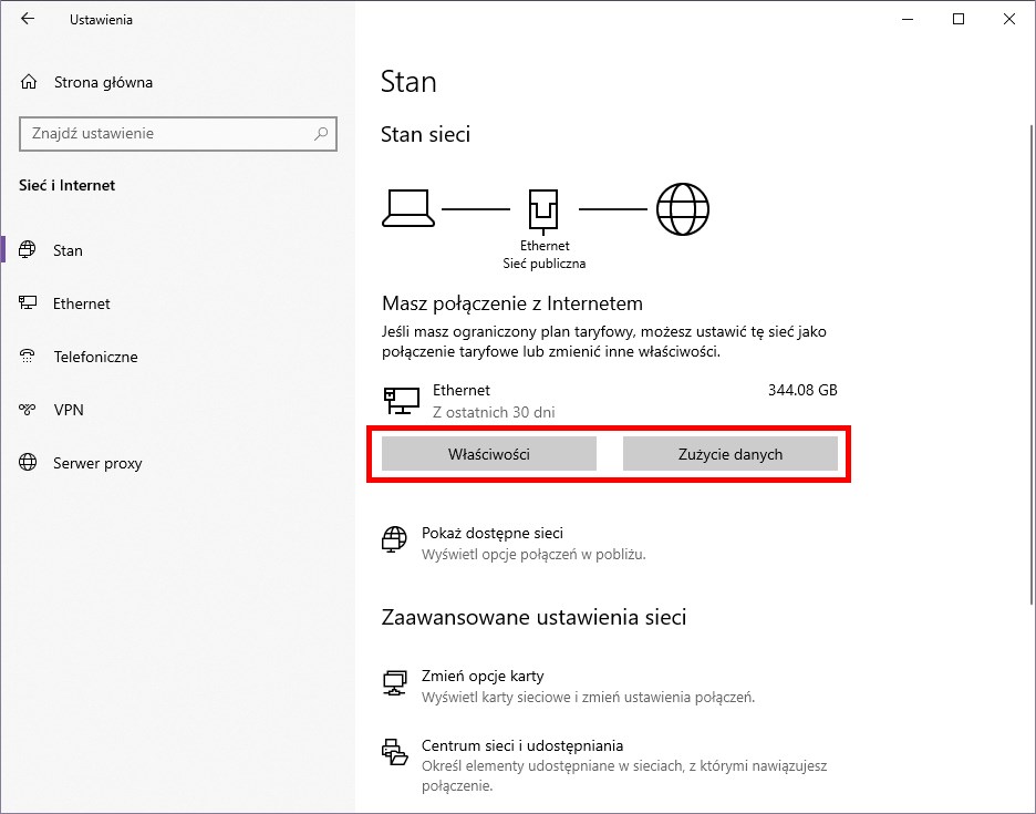 Ustawienia sieciowe w Windows 10 May 2020 Update