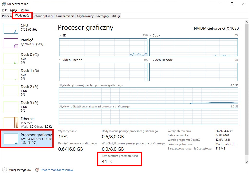 Temperatura karty graficznej - Windows 10