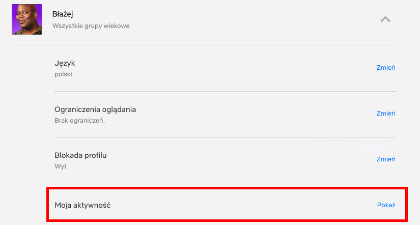 Wejdź do ustawień konta i wybierz Moja aktywność