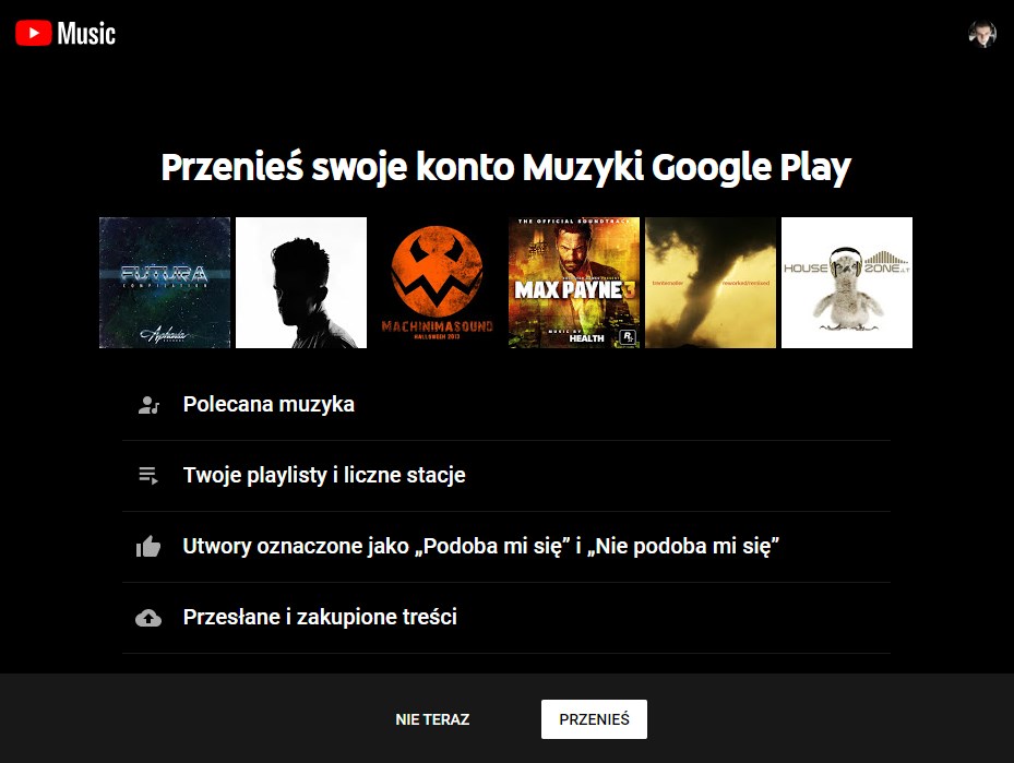 Informacja o przenoszeniu danych do YouTube Music