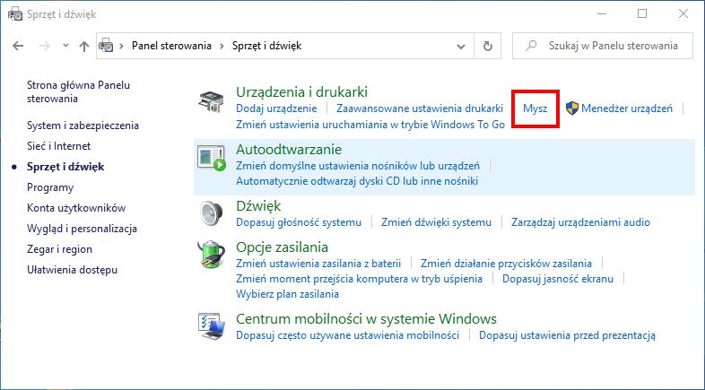 Wejdź do panelu sterowania myszą