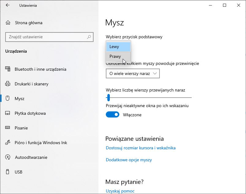 Wybierz przycisk podstawowy myszy w Windows 10