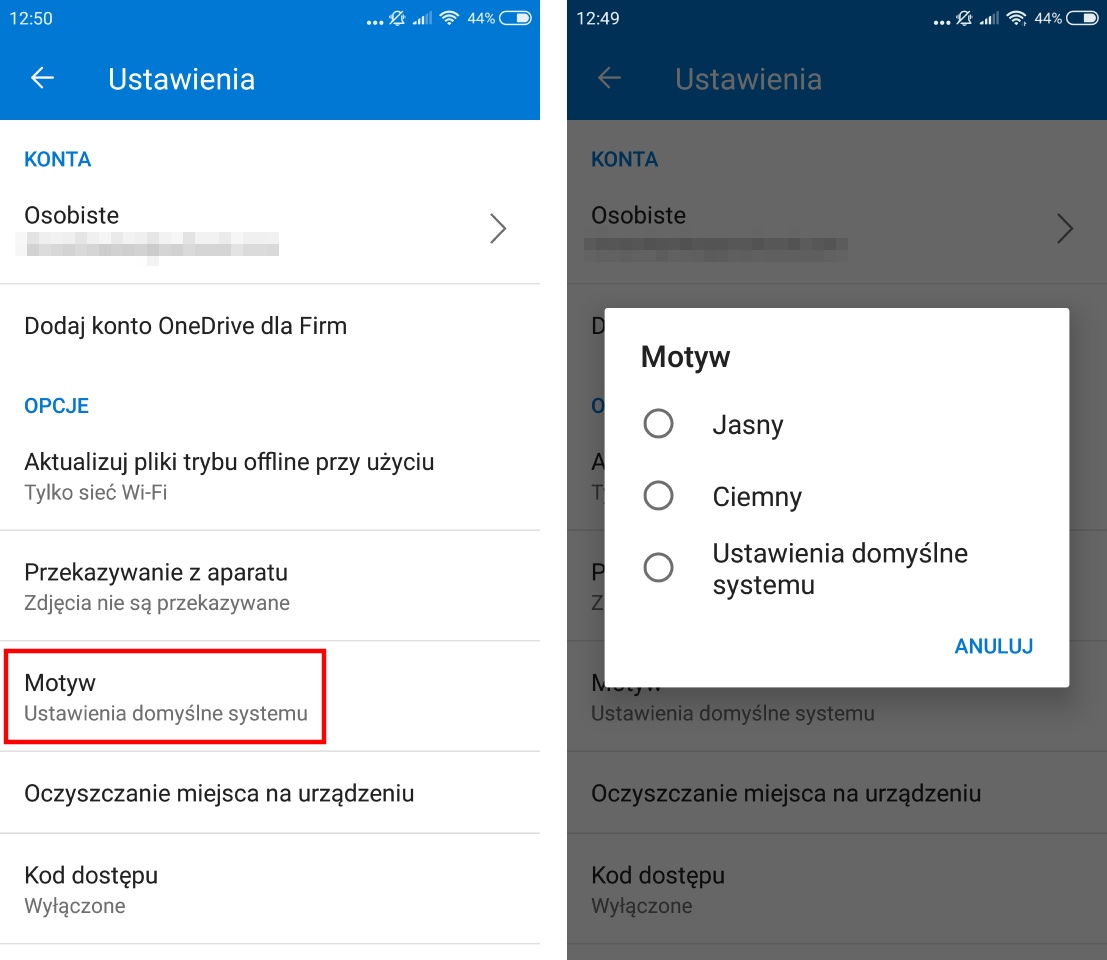 Zmień motyw w OneDrive