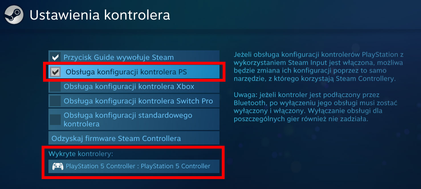 Włącz obsługę kontrolera PS
