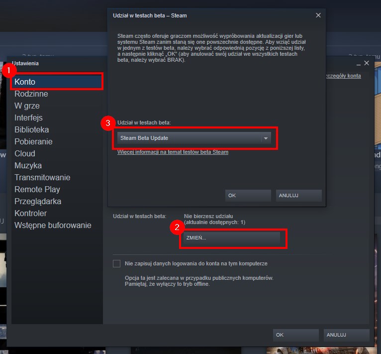 Zaktualizuj Steam do wersji Beta