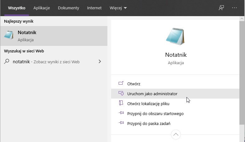 Włącz Notatnik jako administrator