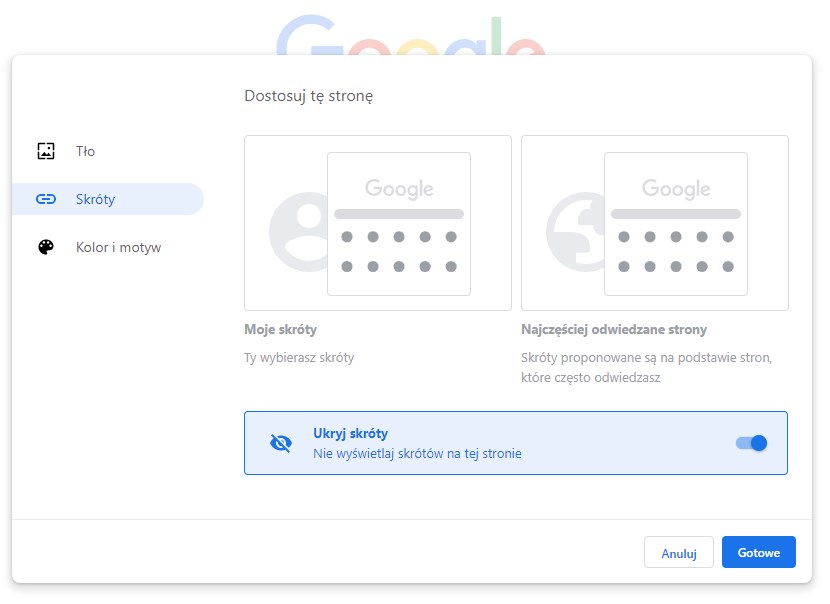 Włącz opcję ukrywania skrótów w Chrome