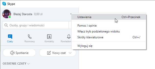 Wejdź do ustawień Skype