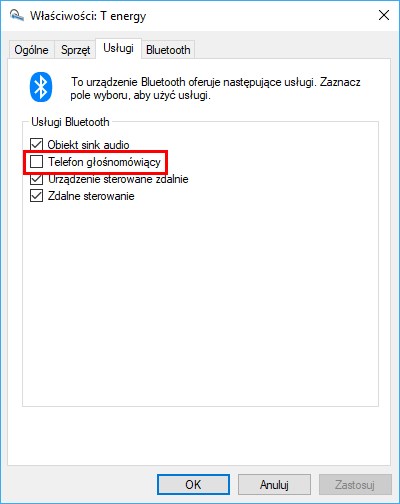 Wyłącz opcję telefon głośnomówiący (lub handsfree telephony)