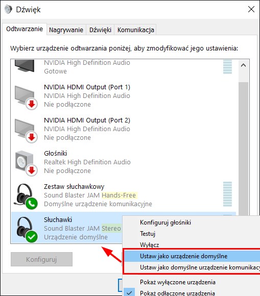 Ustaw słuchawki STEREO jako domyślne urządzenia