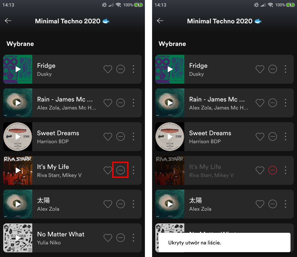 Ukryj wybrane utwory na liście w Spotify