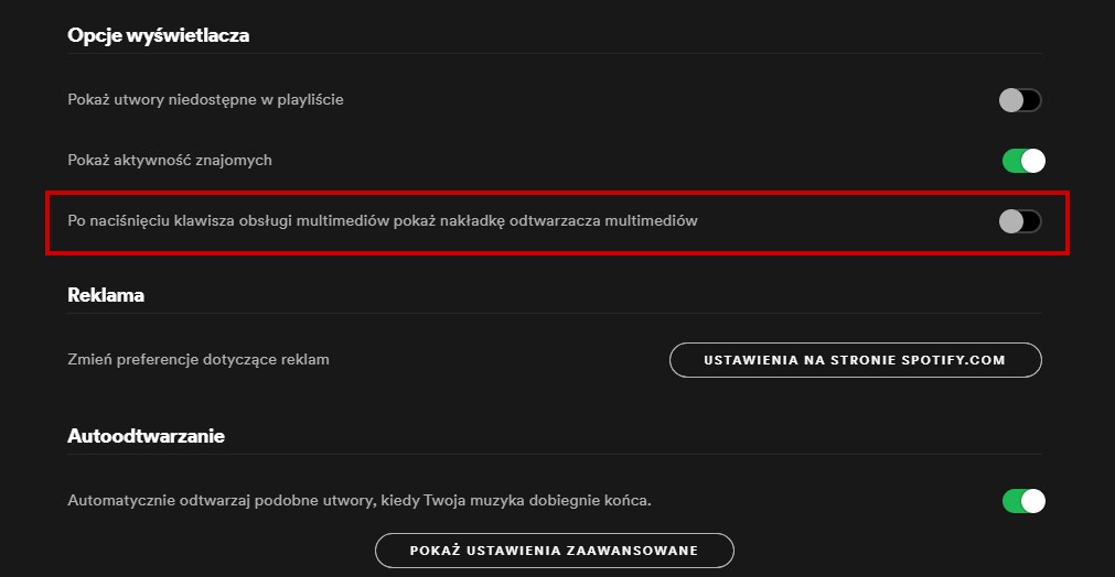 Wyłącz nakładkę multimedialną Spotify