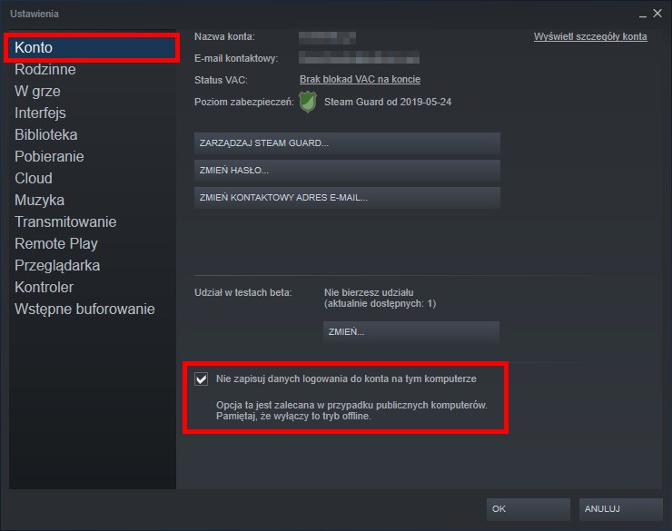 Zaznacz opcję niezapamiętywania danych do logowania na Steam