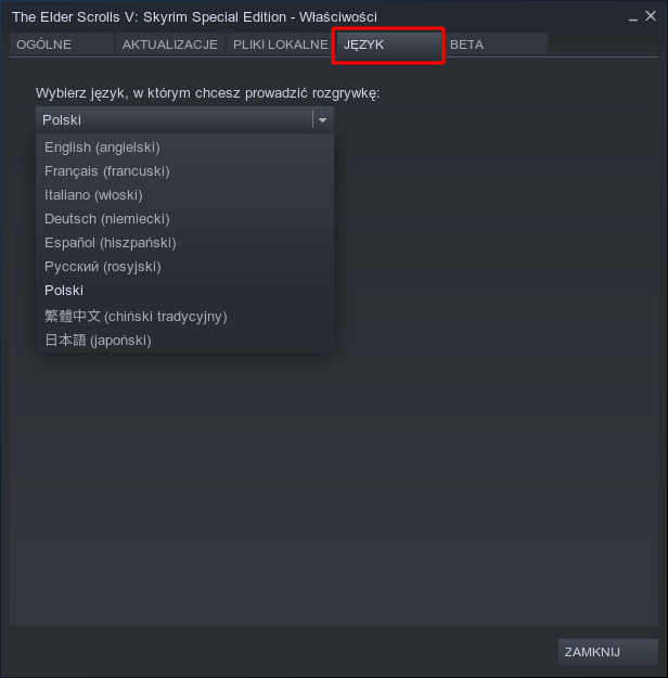 Wybierz język gry na Steam