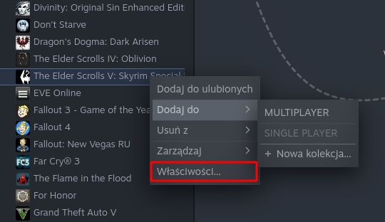 Wejdź do właściwości gry na Steam