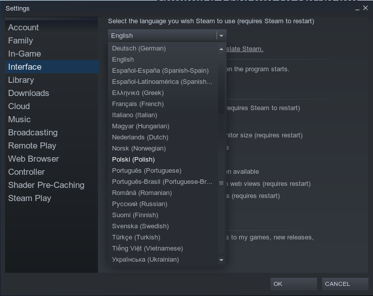 Wybierz język interfejsu na Steam