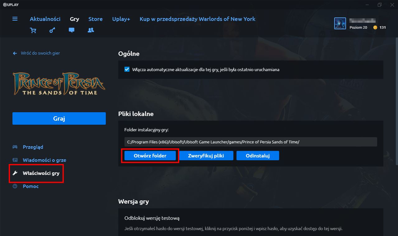 Otwórz folder gry w Uplay