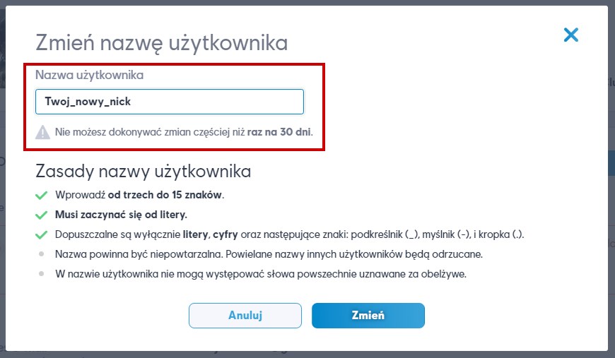 Wprowadź nową nazwę użytkownika