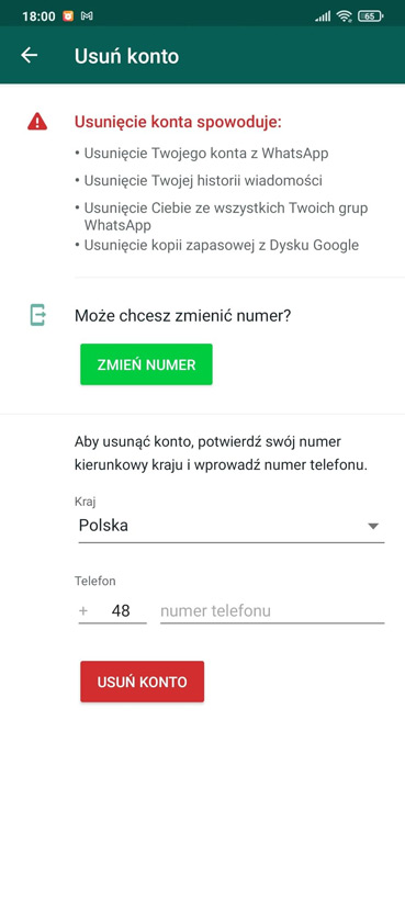 Rozpocznij usuwanie konta