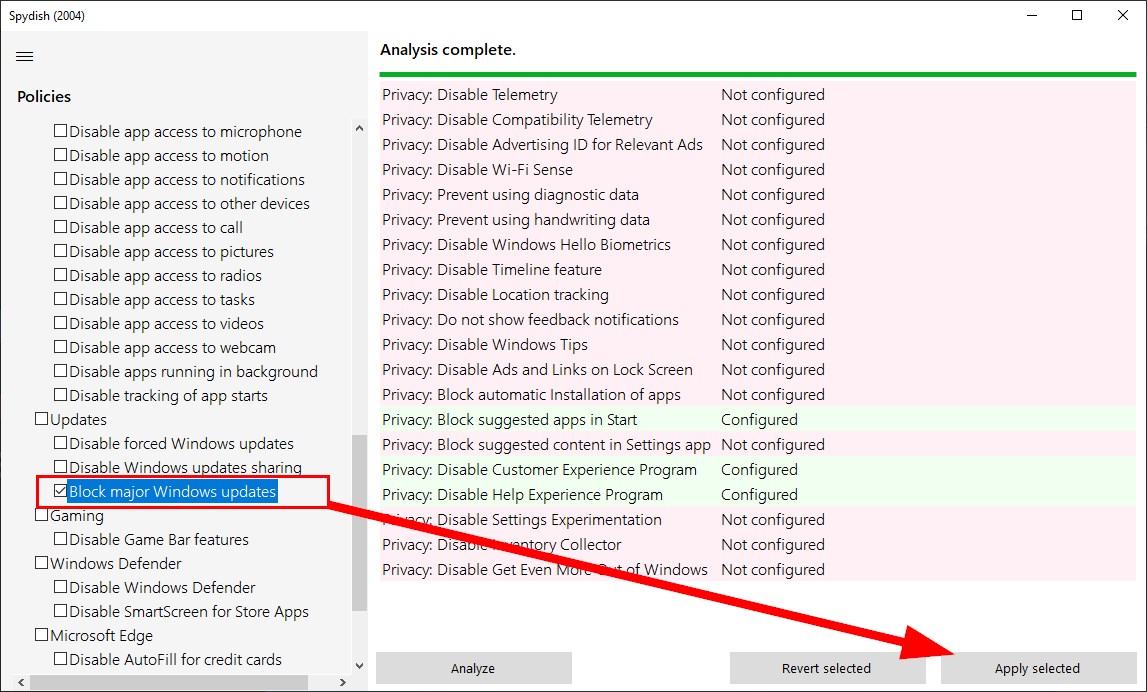 Włącz opcję Block major Windows updates