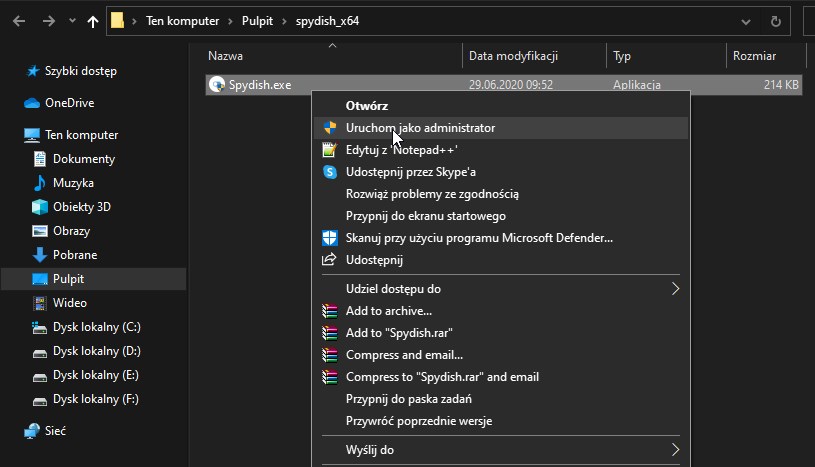 Włącz Spydish jako administrator